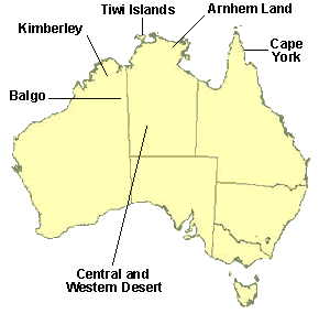 Map of regions for biographies of Aboriginal artists