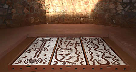 New ground painting representing Dreamings belonging to the eight Warlpiri skin groups.